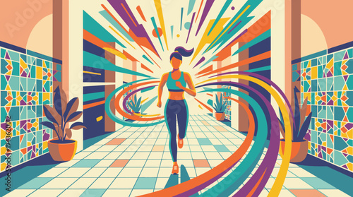 Young woman walking through colorful art corridor.