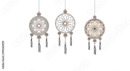 Three decorative dreamcatchers with intricate web patterns and hanging feathers for bohemian home decor and spiritual protection themes.