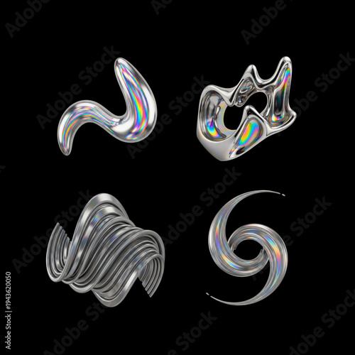 Chrome Liquid Metal Abstract Shape with Holographic Gradient, Modern Futuristic Y2K Design Element