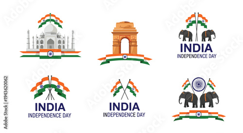 India Independence Day logo collection featuring Taj Mahal India Gate national flags and decorated elephants for patriotic celebrations.