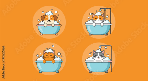 Adorable set of cartoon pets including a dog and cats taking a bubble bath in blue tubs for grooming and hygiene themes.