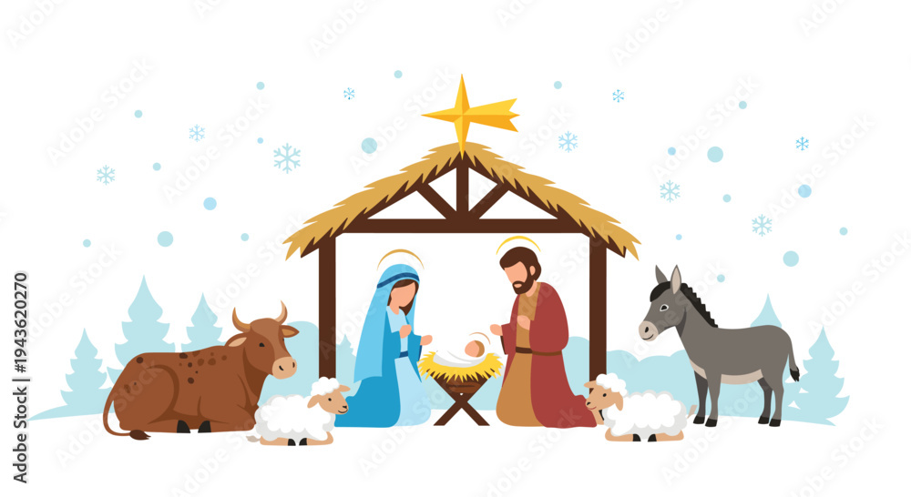 Naklejka premium Traditional Christmas nativity scene with Mary Joseph baby Jesus and stable animals in a snowy winter landscape.