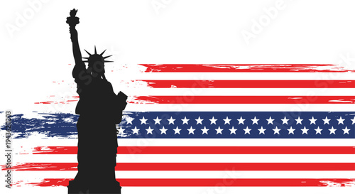 Silhouette of Statue of Liberty in front of an artistic brush stroke American flag for patriotic US holiday themes.