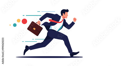 Determined businessman in suit running fast with a briefcase representing career growth speed and urgency in the workplace.