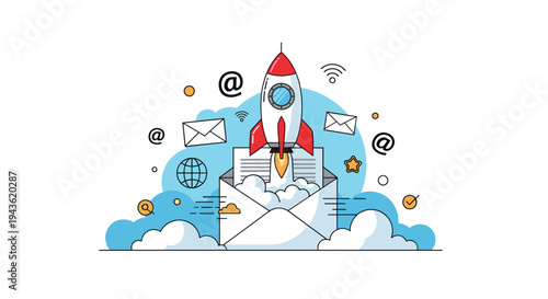 Email marketing strategy concept with red rocket launching from an envelope on a blue cloudy background with internet icons.
