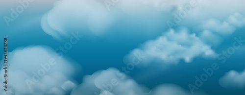 Soft and dreamy blue sky background with fluffy white clouds. Cinematic atmosphere with gentle light rays filtering through the mist  perfect for peaceful backdrops