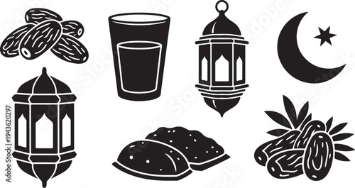 Ramadan Kareem Islamic Symbols and Food Illustrations Set