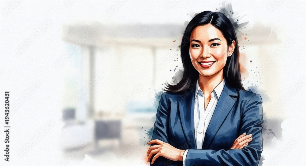 Obraz premium Watercolor digital illustration of a smiling Asian businesswoman in an office
