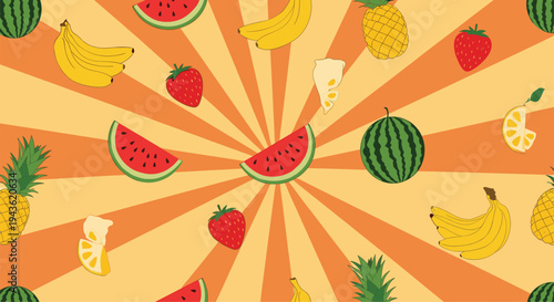 Colorful seamless fruit pattern with watermelon bananas strawberries and pineapples on a sunny yellow sunburst background.
