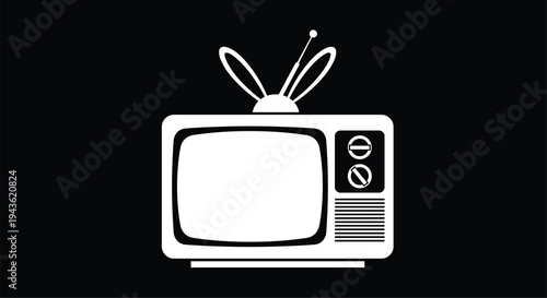 Minimalist white silhouette icon of a vintage analog television set with rabbit-ear antennas isolated on a solid black background.