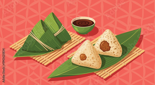 Traditional Chinese Zongzi rice dumplings wrapped in bamboo leaves served on mats with a bowl of dipping sauce for the Dragon Boat Festival.