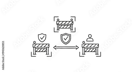 Security barriers and people icons with shield symbol.