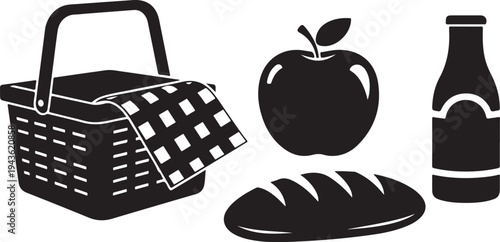 Picnic basket with food and drink isolated on white