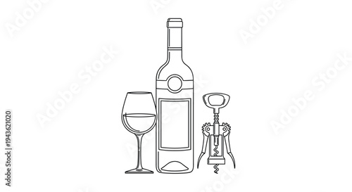Minimalist line art drawing of a wine bottle, a glass of wine, and a manual corkscrew opener for a winery or tasting event.