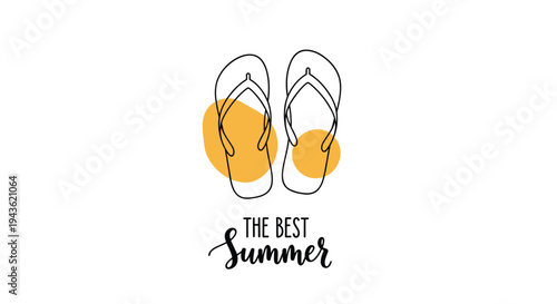 Stylish line art of a pair of flip-flops with yellow abstract shapes for a minimalist summer beach and holiday travel theme.