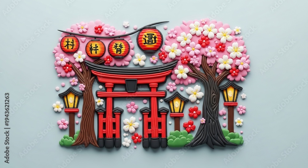 Naklejka premium Colorful Japanese Torii Gate with Cherry Blossoms and Lanterns