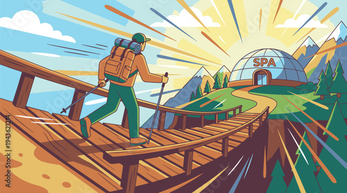 Worker Repairing Railroad Tracks Near Spa Facility.