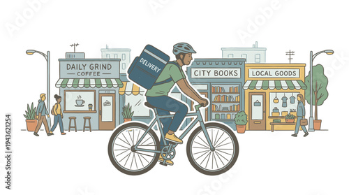 Cyclist Riding Bicycle with Backpack in City Scene.
