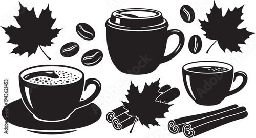 Coffee Cups with Leaves and Spices Illustration Set