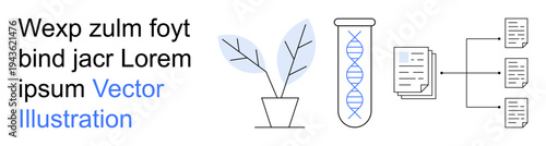 Genetic engineering, environmental science, data processing, scientific research, innovation, biotechnology. a DNA helix in a test tube, a plant and a flowchart. Genetic engineering and scientific
