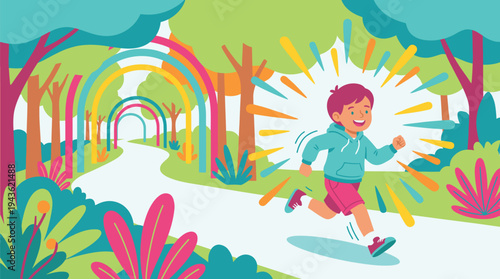 Child Playing with Skateboard in Colorful Forest Scene.