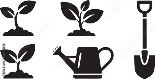Gardening tools and plants for growth and cultivation icons