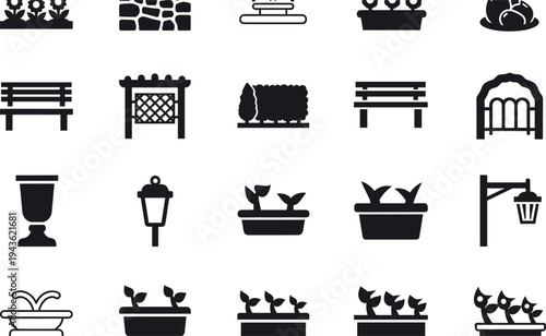 Black vector silhouette collection of garden furniture, park benches, stone walls, pergolas, hedges, planters, and outdoor lighting fixtures for residential landscape architecture and backyard design.