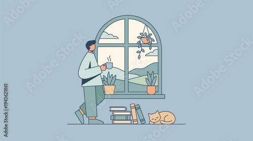 Person Standing by Window with Plants and Books.
