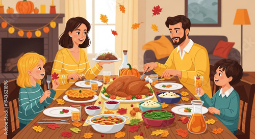 Family enjoying a festive thanksgiving dinner together at home with traditional fall decorations