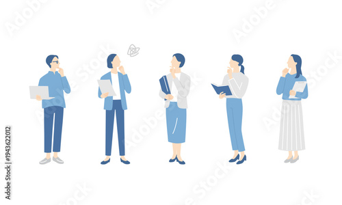 PCや書類ファイルを持って困っている、女性ビジネスチームの全身イラストセット