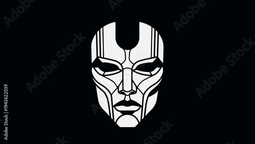 Stylized Futuristic Mask With Geometric Lines On Black Background.