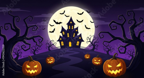 Spooky halloween night with haunted house jack o lanterns and full moon in the background bats flying overhead in a dark purple sky