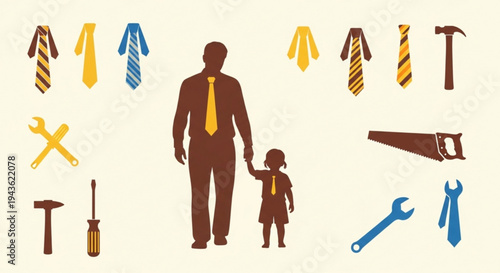 Father and child in ties with tools and equipment around them on beige background