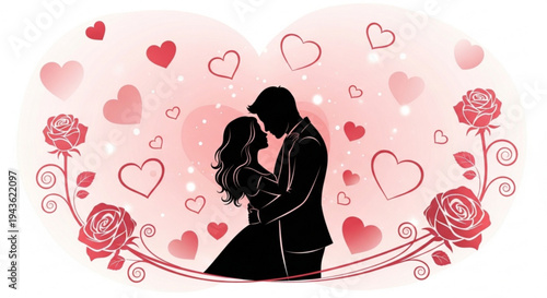 Romantic couple kissing surrounded by hearts and roses on valentine's day