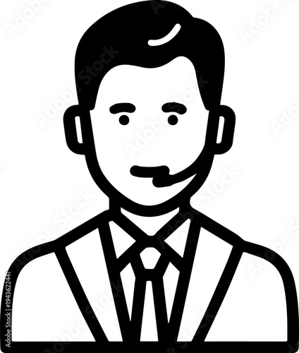 Hand Drawn Male Customer Service Agent Black and White Avatar Illustration in Minimal Line Art Style Design