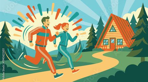 Couple Running Outdoors Near Cozy Cabin in Forest.