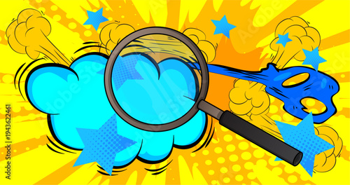 Cartoon Magnifying glass, comic book Focus. Retro vector comics pop art design.