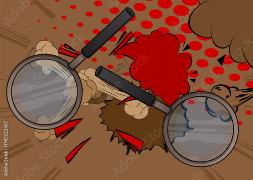 Cartoon Magnifying glass, comic book Focus. Retro vector comics pop art design.