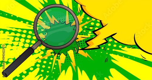 Cartoon Magnifying glass, comic book Focus. Retro vector comics pop art design.