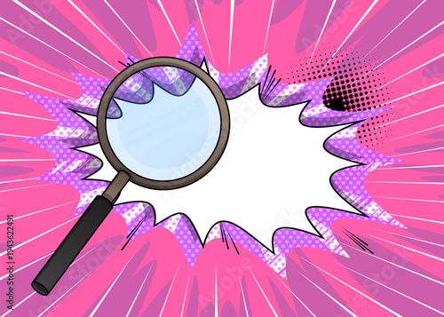 Cartoon Magnifying glass, comic book Focus. Retro vector comics pop art design.