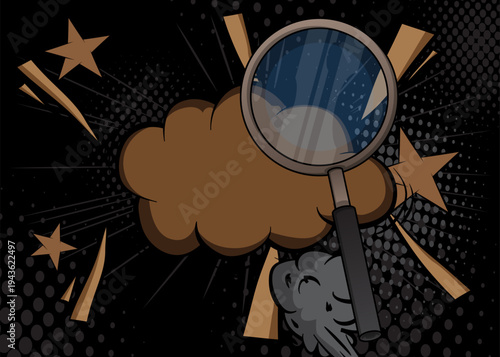 Cartoon Magnifying glass, comic book Focus. Retro vector comics pop art design.