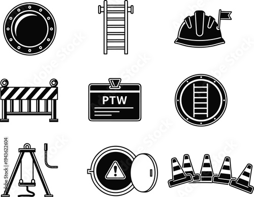 Black vector silhouette collection of industrial safety equipment icons including hard hats, traffic cones, ladders, permit to work signs, and site barriers for construction.