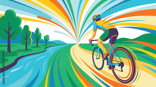 Cyclist Riding Bicycle on Vibrant Colorful Path.