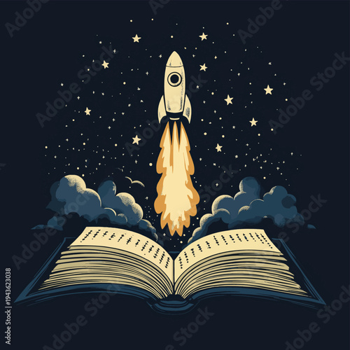 Rocket taking off from an open book with stars in a dark background at night , vector style simple color