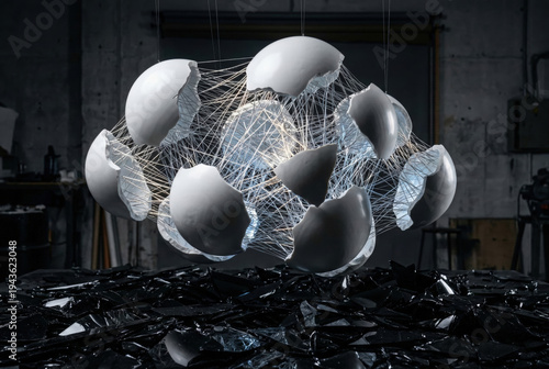 Ceramic Eggshell Sculpture Suspending Over Black Glass in Workshop