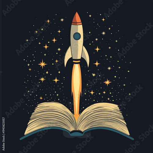 Rocket taking off from an open book with stars in a dark background at night , vector style simple color