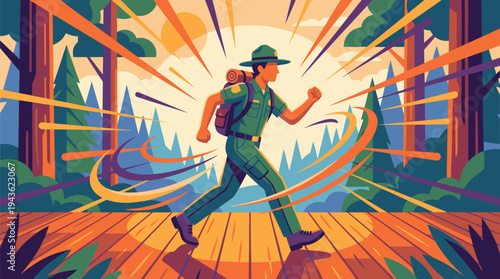 Young Man Walking on Bridge with Backpack.