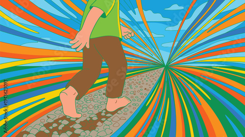 Child Walking on Colorful Artistic Pathway.
