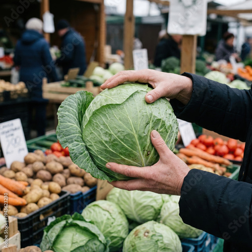Person Holding Green Cabbage with Water Droplets at Market Stall