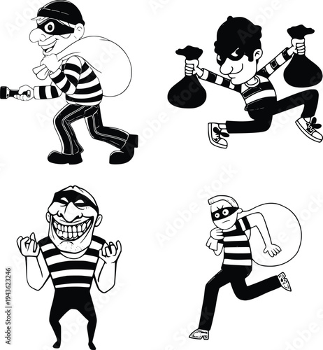 Four images of a cartoon thief. All elements in separate layers for easy editing.

